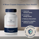MitoSynergy BioCopper1 extra strength supplement container showing dosage and premium ingredients label