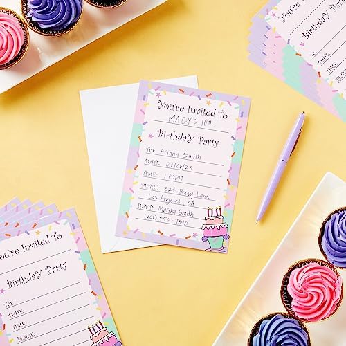 Juvale fill in invitation cards displaying preprinted lines for party date and time details