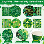 Full display of Irish themed party supplies including cups and napkins
