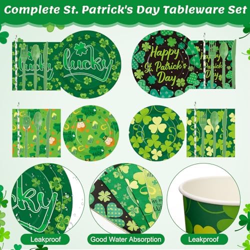Full display of Irish themed party supplies including cups and napkins