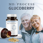 Close up of MD Process GlucoBerry nutritional facts panel and morning usage instructions