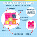 Buckle Toys Bella Square fine motor skills puzzle illustrating the operational zipper pocket for toddler exploration
