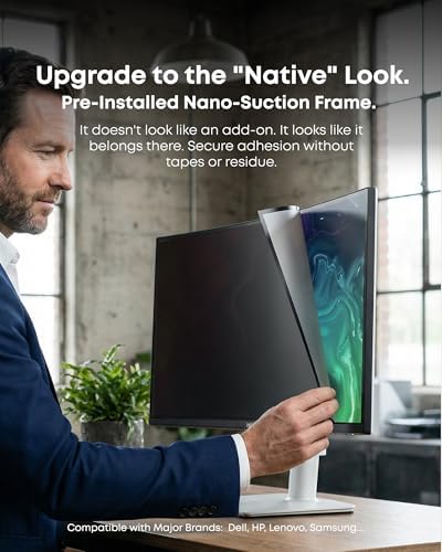 Side angle demonstration of the 60 degree privacy blackout effect on a curved desktop monitor.