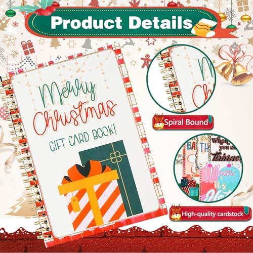 Festive interactive greeting card book showing gift card slots