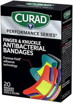Curad heavy duty flexible fabric bandages showing the specialized knuckle and fingertip shapes for active wear