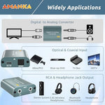 AMANKA audio converter integrated 7 foot optical fiber cable highlighting the protective tip caps.