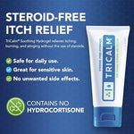 TriCalm 2 Fluid Ounce hydrogel packaging showing steroid-free itch relief benefits.