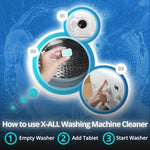 Six count package of X-ALL washing machine maintenance tablets displayed on countertop.