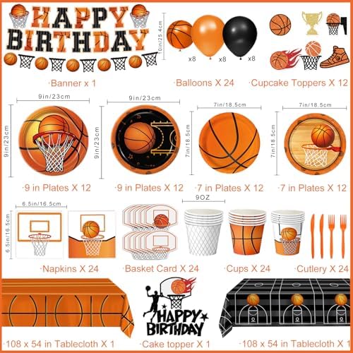 Basketball themed paper plates and napkins set for 24 guests