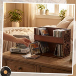 CroBlissful rustic brown wooden desktop organizer containing cassettes and stationery items