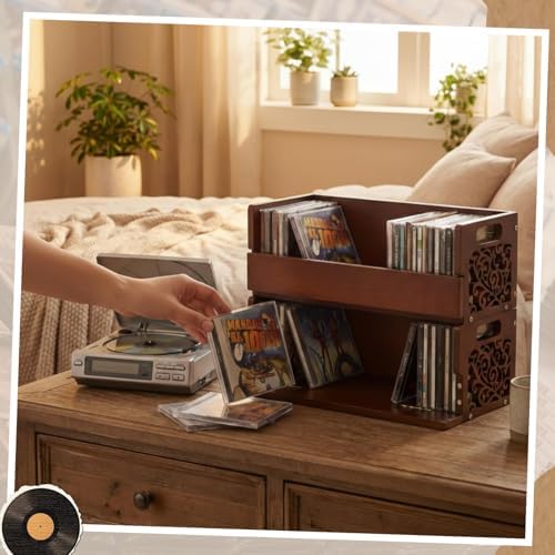 CroBlissful rustic brown wooden desktop organizer containing cassettes and stationery items