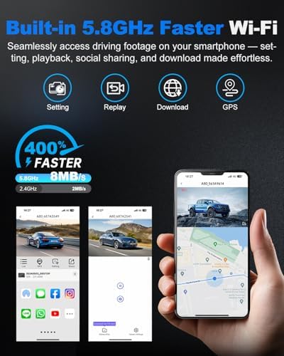 JOMISE car camera showing the smartphone application interface via 5GHz Wi-Fi connectivity.