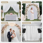 Joydeco wrinkle free white backdrop curtains styled elegantly with a colorful balloon arch background