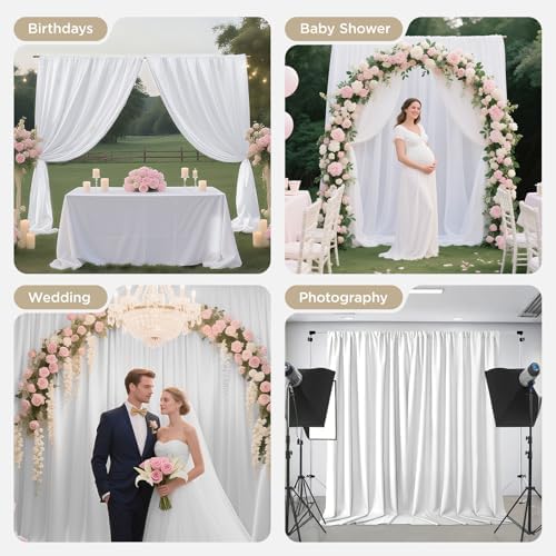 Joydeco wrinkle free white backdrop curtains styled elegantly with a colorful balloon arch background
