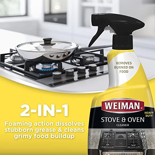 Weiman heavy duty foaming degreaser spray bottle detailing the 24 ounce capacity and surface compatibility