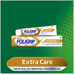 Super Poligrip Extra Care oral care adhesive showing the ingredient list and product packaging details
