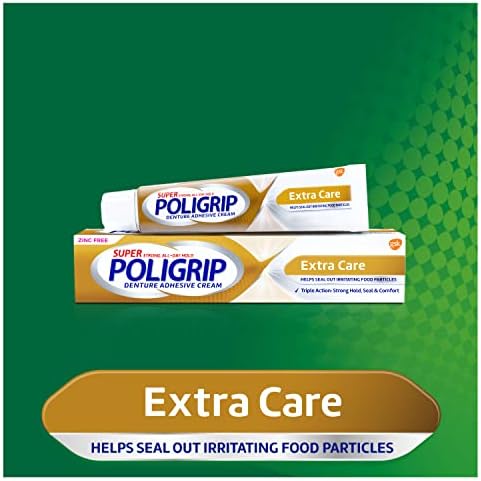 Super Poligrip Extra Care oral care adhesive showing the ingredient list and product packaging details