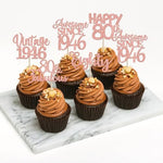 Rose gold glitter Awesome Since 1946 cupcake topper detail