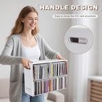 Sanfurney stackable disc case holder showing two units stacked vertically on a home office desktop.