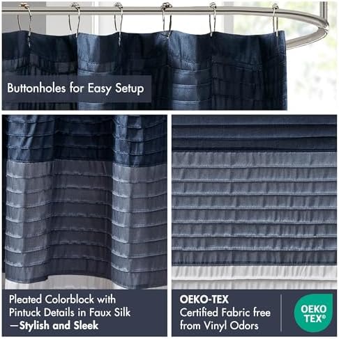 Madison Park Amherst fabric bath curtain showing pleated colorblock stripe design