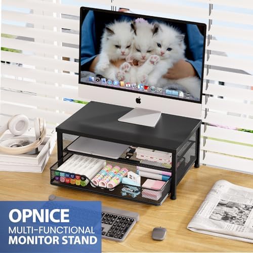 OPNICE two tier workspace desktop organizer showing a laptop stored on the lower shelf