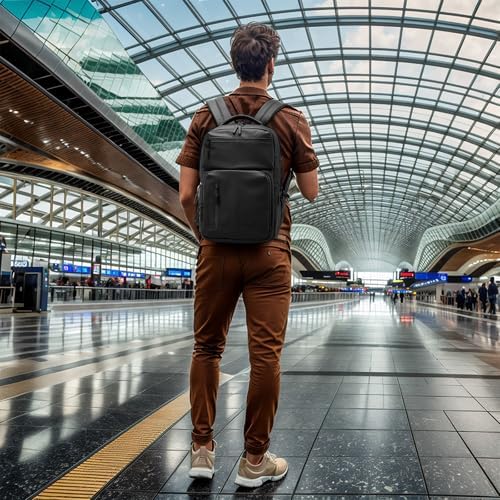 SUIKIHUM black minimalist daypack being worn by a commuter showing ergonomic shoulder straps
