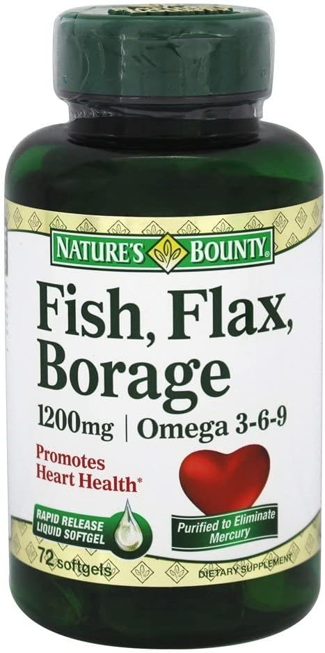 Nature's Bounty fish flax borage omega 3-6-9 front view bottle