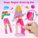 Close up view of sixty one pieces of magnetic clothing items and shoes included in the travel playset