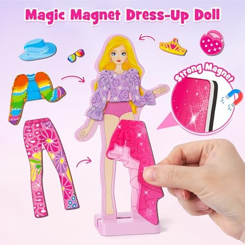 Close up view of sixty one pieces of magnetic clothing items and shoes included in the travel playset