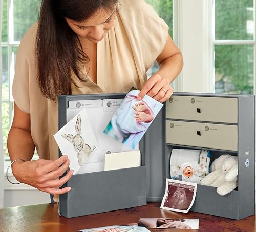 Savor baby keepsake box styled on a bookshelf for modern decor