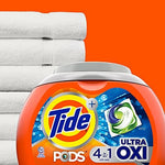 USA imported Tide Ultra Oxi packaging highlighting 4-in-1 technology and pre-treaters.