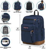 JanSport black commuter backpack close up on durable synthetic leather bottom trim.