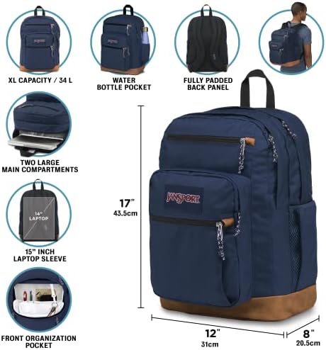 JanSport black commuter backpack close up on durable synthetic leather bottom trim.