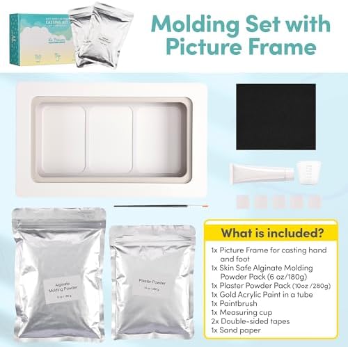 La Premura newborn casting kit components including plaster powder and gold paint