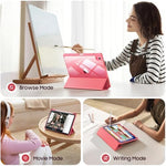 Fintie magnetic tri-fold case folded into a comfortable hands-free viewing stand angle