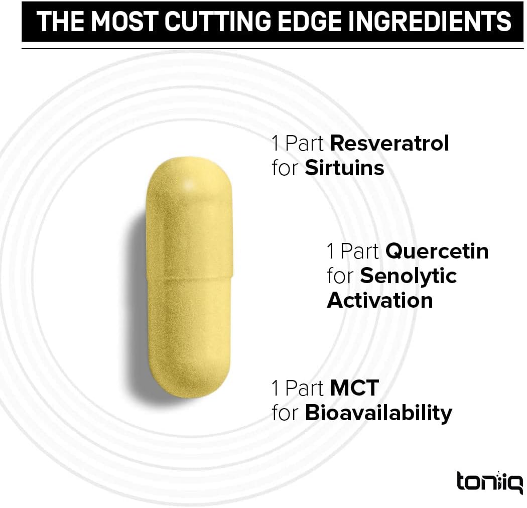 Toniiq Resveratrol with Quercetin and MCT oil 90 capsules high purity dietary supplement facts label.