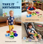 Jumble Dream sensory toys packaging contents highlighting the blue red green yellow orange and magenta variations.