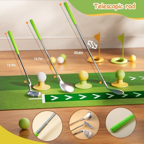 Child playing with light up golf balls on putting mat
