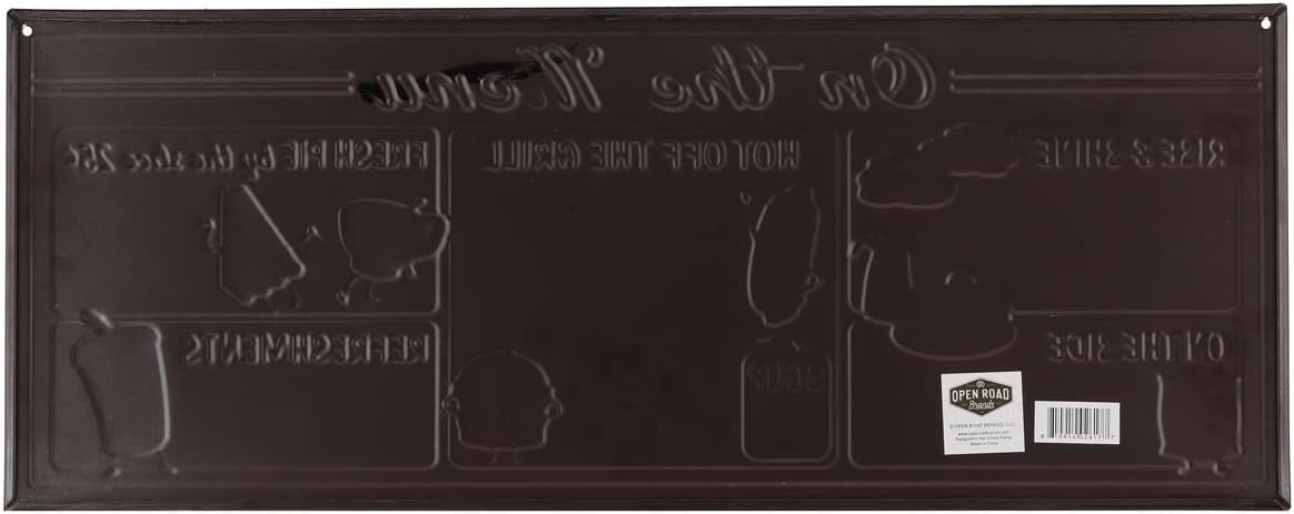 Retro metal wall sign closeup of breakfast and grill menu sections