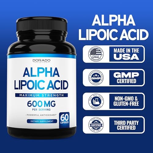 Authentic USA made Dorado Nutrition Alpha Lipoic Acid bottle highlighting vegan certification
