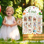 Close up view of the monthly milestone photo slots on the Mifoci caterpillar themed birthday board