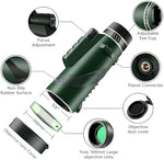High definition monocular telescope for adults attached to a smartphone adapter and stable tabletop tripod setup.