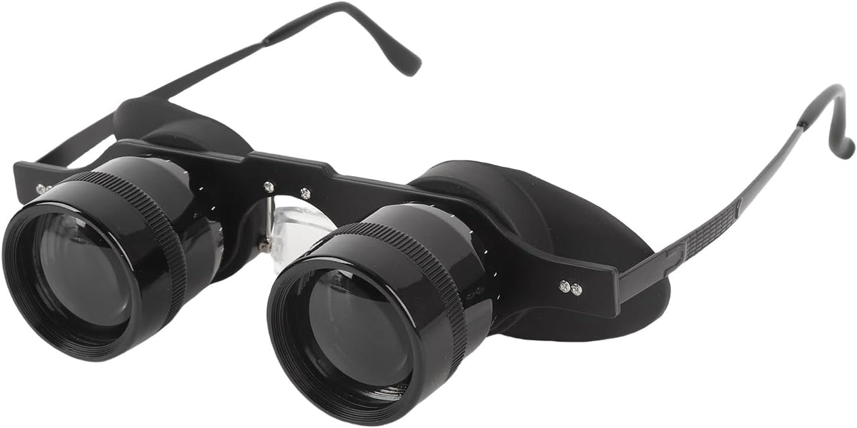 Pomya handsfree binocular glasses front view showing the dual lenses and sleek black frame layout.