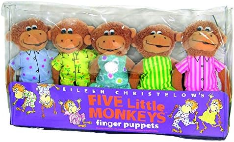 Close-up of the Eileen Christelow inspired monkey finger puppets highlighting the interconnected Velcro paws.