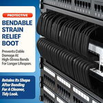 Close up of the flexible bendable strain relief boot on the pure copper ethernet patch cord