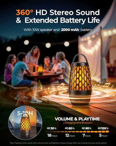 Pair of black cylindrical waterproof wireless speakers illuminating a garden pathway at night.
