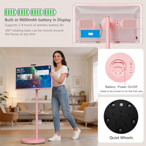 OFD wireless smart television on wheels showing the sturdy base with rolling wheels in a home setting