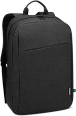Side view of Lenovo black casual business backpack showing slim profile and fabric texture.
