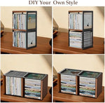 QILICHZ wood media display cube with two tier storage holding retro cassette tapes.