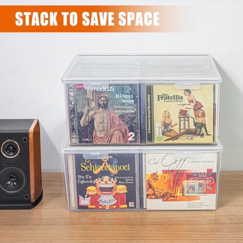 Two Tutata transparent CD storage bins stacked vertically to demonstrate space saving home organization